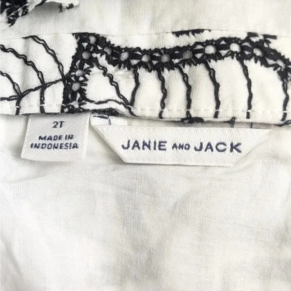 Janie and Jack Palm Leaf Cotton Eyelet Dress in Jet Ivory Black & White Size 2T